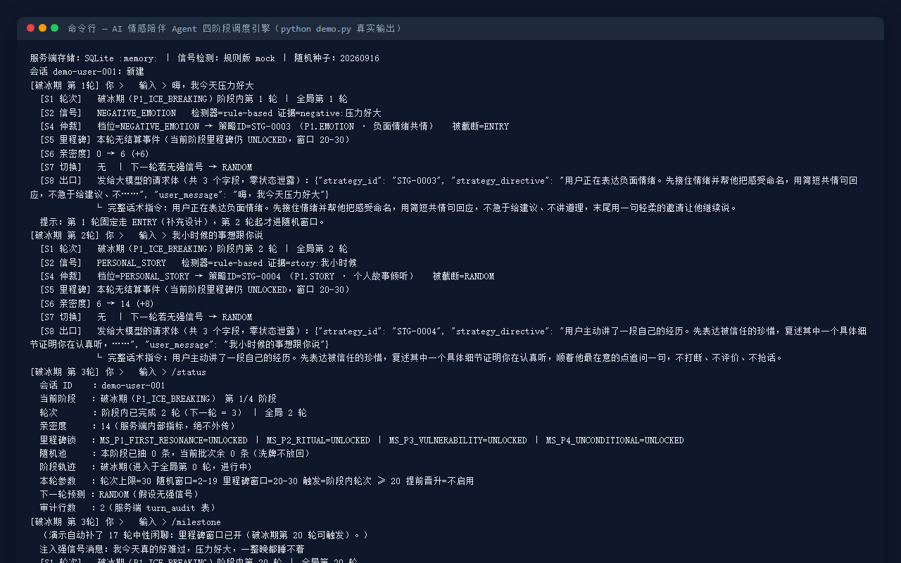 AI 情感陪伴 Agent · 四阶段对话调度引擎（191 测试） 预览图